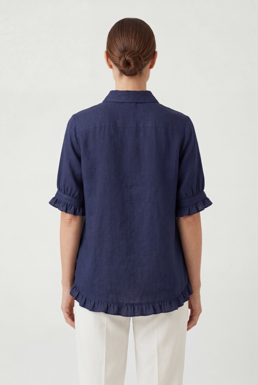 Linen Ruffle Blouse Navy Women's Short Sleeve Button-Up – Casual, Office, Holiday, Gift