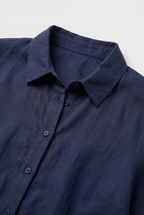 Linen Ruffle Blouse Navy Women's Short Sleeve Button-Up – Casual, Office, Holiday, Gift