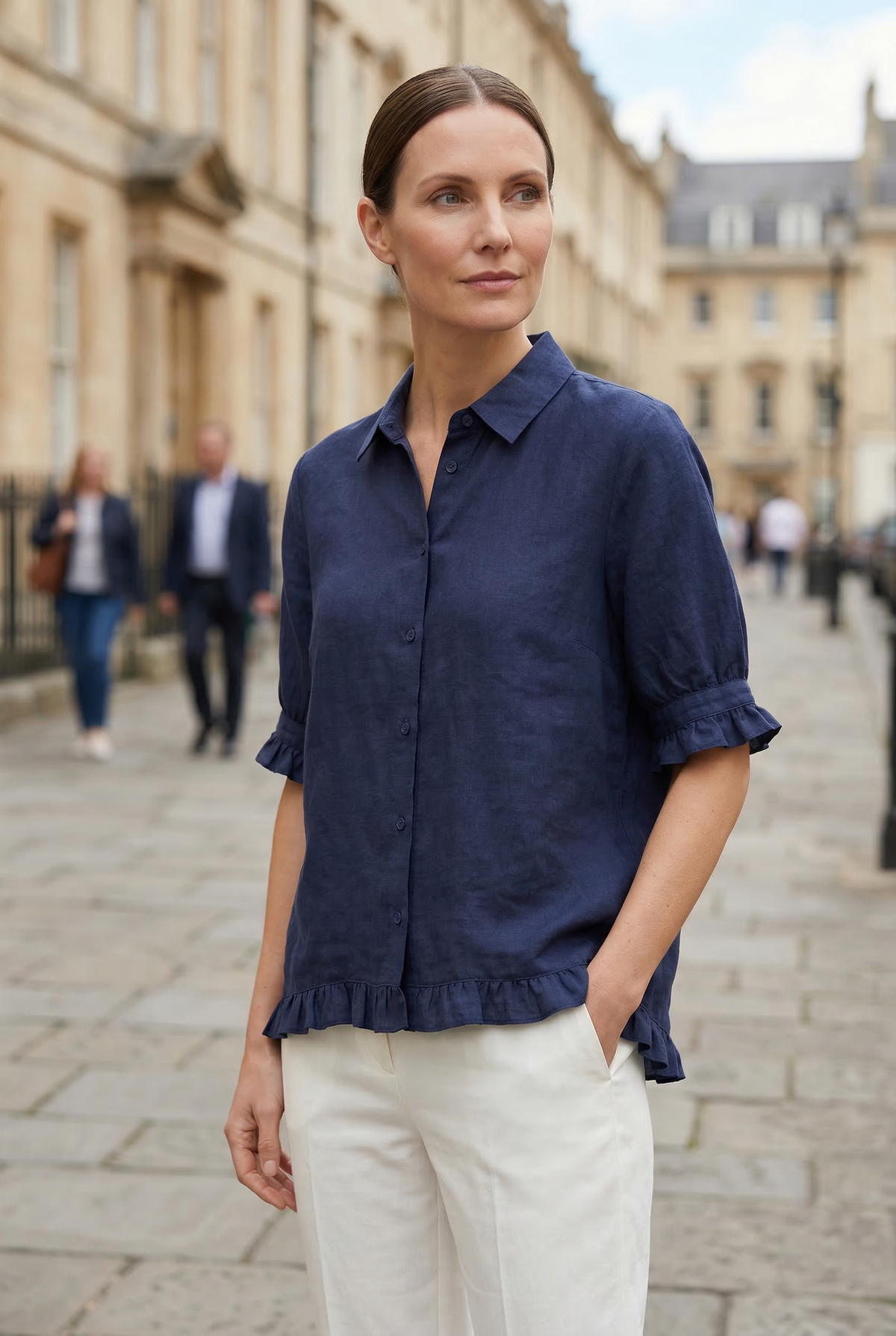 Linen Ruffle Blouse Navy Women's Short Sleeve Button-Up – Casual, Office, Holiday, Gift