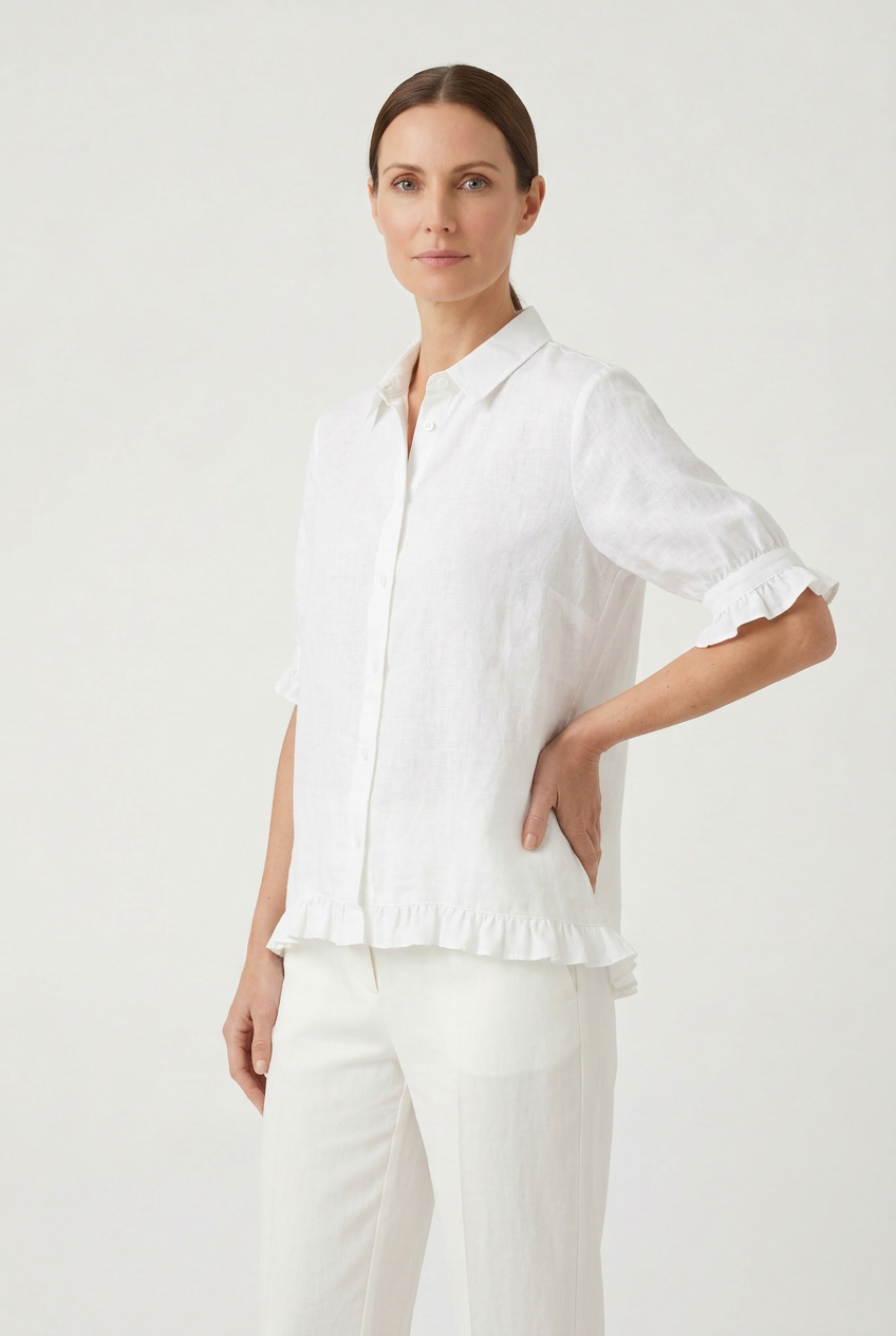 Linen Ruffle Blouse Navy Women's Short Sleeve Button-Up – Casual, Office, Holiday, Gift