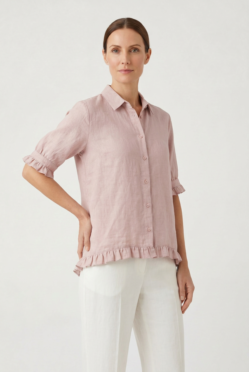 Linen Ruffle Blouse Navy Women's Short Sleeve Button-Up – Casual, Office, Holiday, Gift