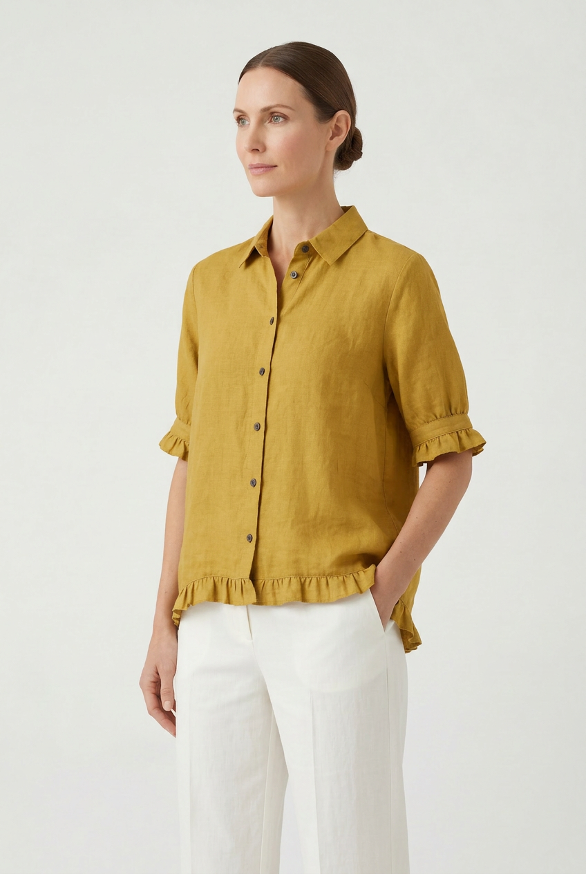 Linen Ruffle Blouse Navy Women's Short Sleeve Button-Up – Casual, Office, Holiday, Gift