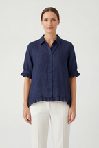 Linen Ruffle Blouse Navy Women's Short Sleeve Button-Up – Casual, Office, Holiday, Gift