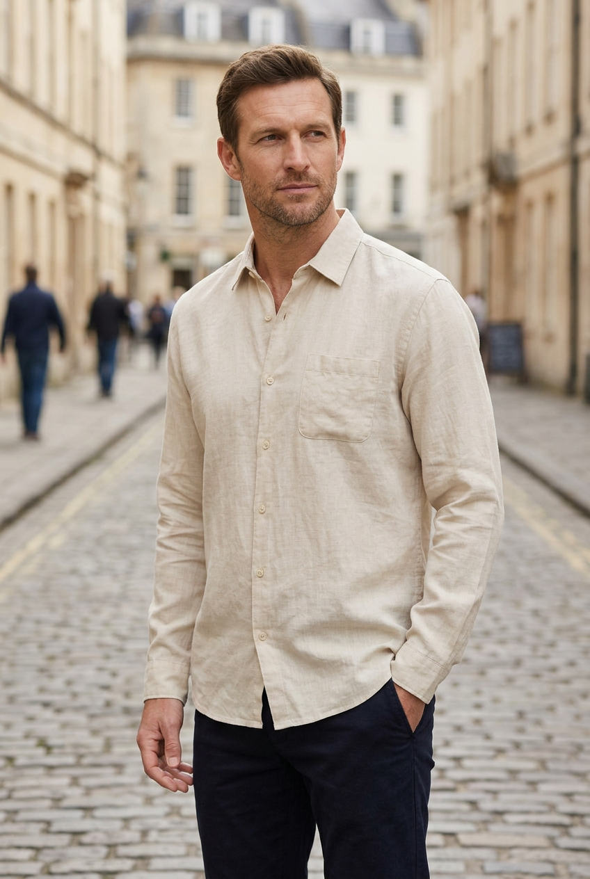 Linen Shirt Long Sleeve Beige Men's Button-Down – Casual, Office, Holiday, Gift · Werune
