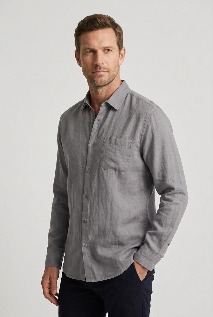 Linen Shirt Long Sleeve Beige Men's Button-Down – Casual, Office, Holiday, Gift · Werune