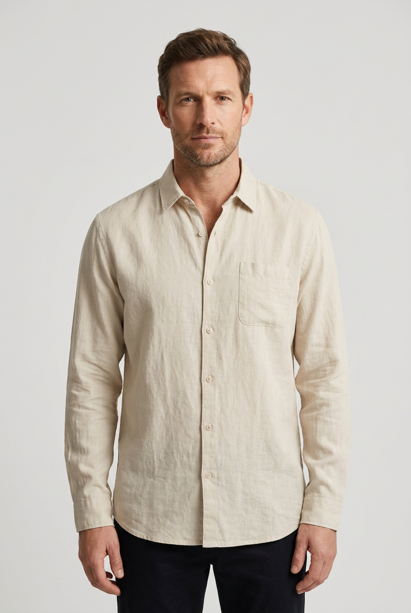Linen Shirt Long Sleeve Beige Men's Button-Down – Casual, Office, Holiday, Gift · Werune