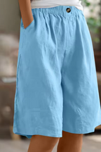 Linen Shorts Khaki Green Women's High Waist Knee Length Elastic Waist – Casual, Holiday