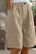 Linen Shorts Khaki Green Women's High Waist Knee Length Elastic Waist – Casual, Holiday