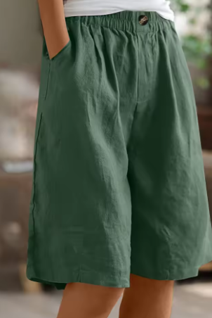 Linen Shorts Khaki Green Women's High Waist Knee Length Elastic Waist – Casual, Holiday