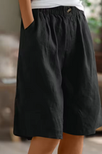 Linen Shorts Khaki Green Women's High Waist Knee Length Elastic Waist – Casual, Holiday