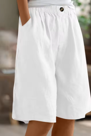 Linen Shorts Khaki Green Women's High Waist Knee Length Elastic Waist – Casual, Holiday