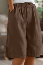 Linen Shorts Khaki Green Women's High Waist Knee Length Elastic Waist – Casual, Holiday