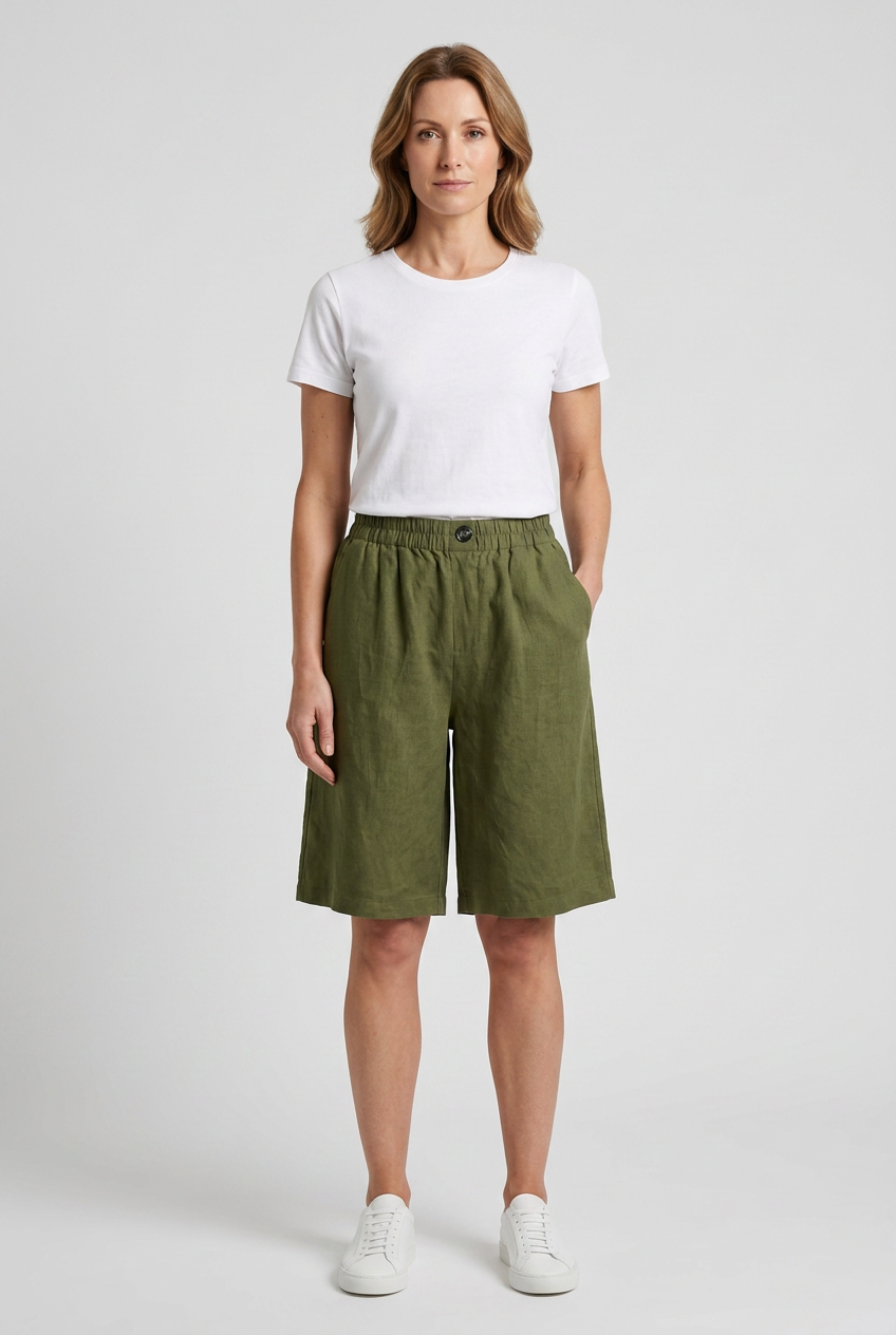 Linen Shorts Khaki Green Women's High Waist Knee Length Elastic Waist – Casual, Holiday