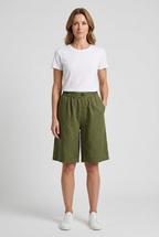 Linen Shorts Khaki Green Women's High Waist Knee Length Elastic Waist – Casual, Holiday