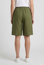Linen Shorts Khaki Green Women's High Waist Knee Length Elastic Waist – Casual, Holiday
