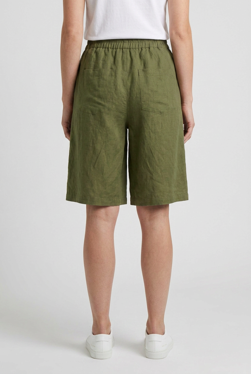 Linen Shorts Khaki Green Women's High Waist Knee Length Elastic Waist – Casual, Holiday
