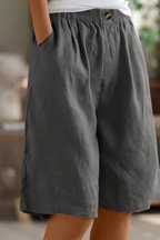 Linen Shorts Khaki Green Women's High Waist Knee Length Elastic Waist – Casual, Holiday