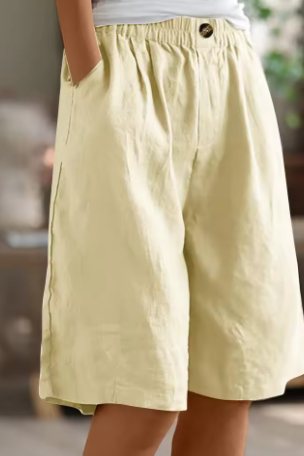 Linen Shorts Khaki Green Women's High Waist Knee Length Elastic Waist – Casual, Holiday