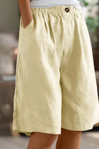 Linen Shorts Khaki Green Women's High Waist Knee Length Elastic Waist – Casual, Holiday