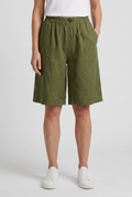 Linen Shorts Khaki Green Women's High Waist Knee Length Elastic Waist – Casual, Holiday