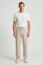 Linen Trousers Beige Men's Drawstring Elastic Waist Relaxed Fit – Casual, Summer Holiday