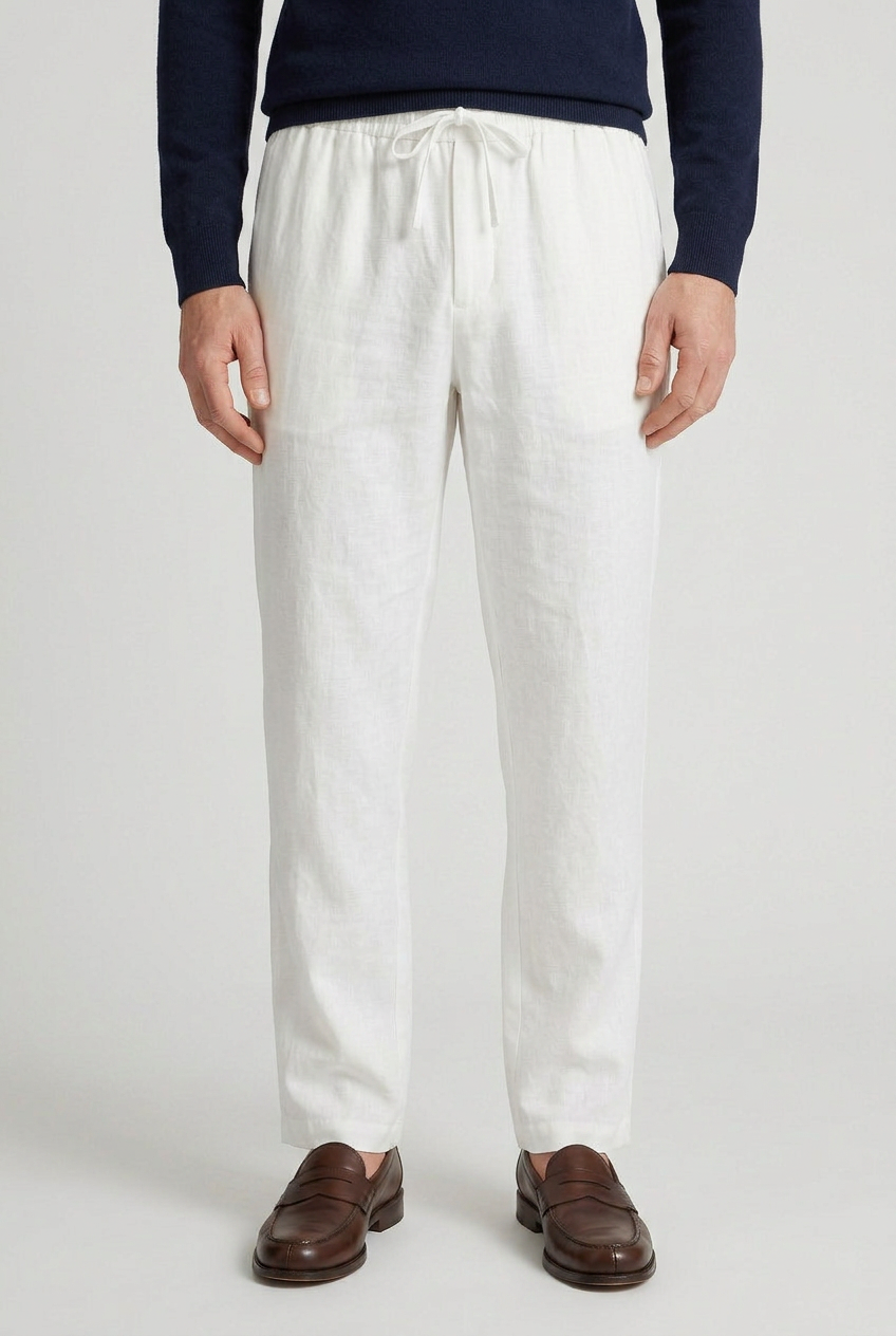 Linen Trousers Beige Men's Drawstring Elastic Waist Relaxed Fit – Casual, Summer Holiday