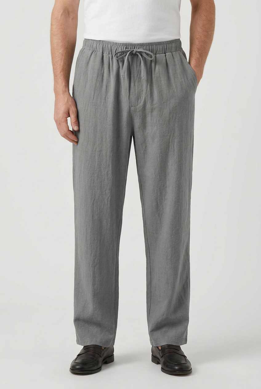 Linen Trousers Beige Men's Drawstring Elastic Waist Relaxed Fit – Casual, Summer Holiday