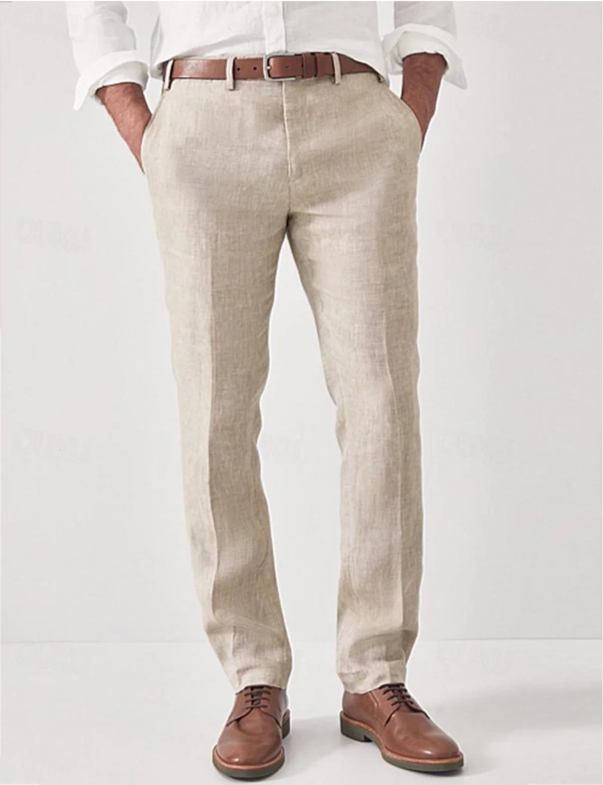Linen Trousers Beige Men's Regular Fit Breathable – Casual, Office, Holiday, Gift