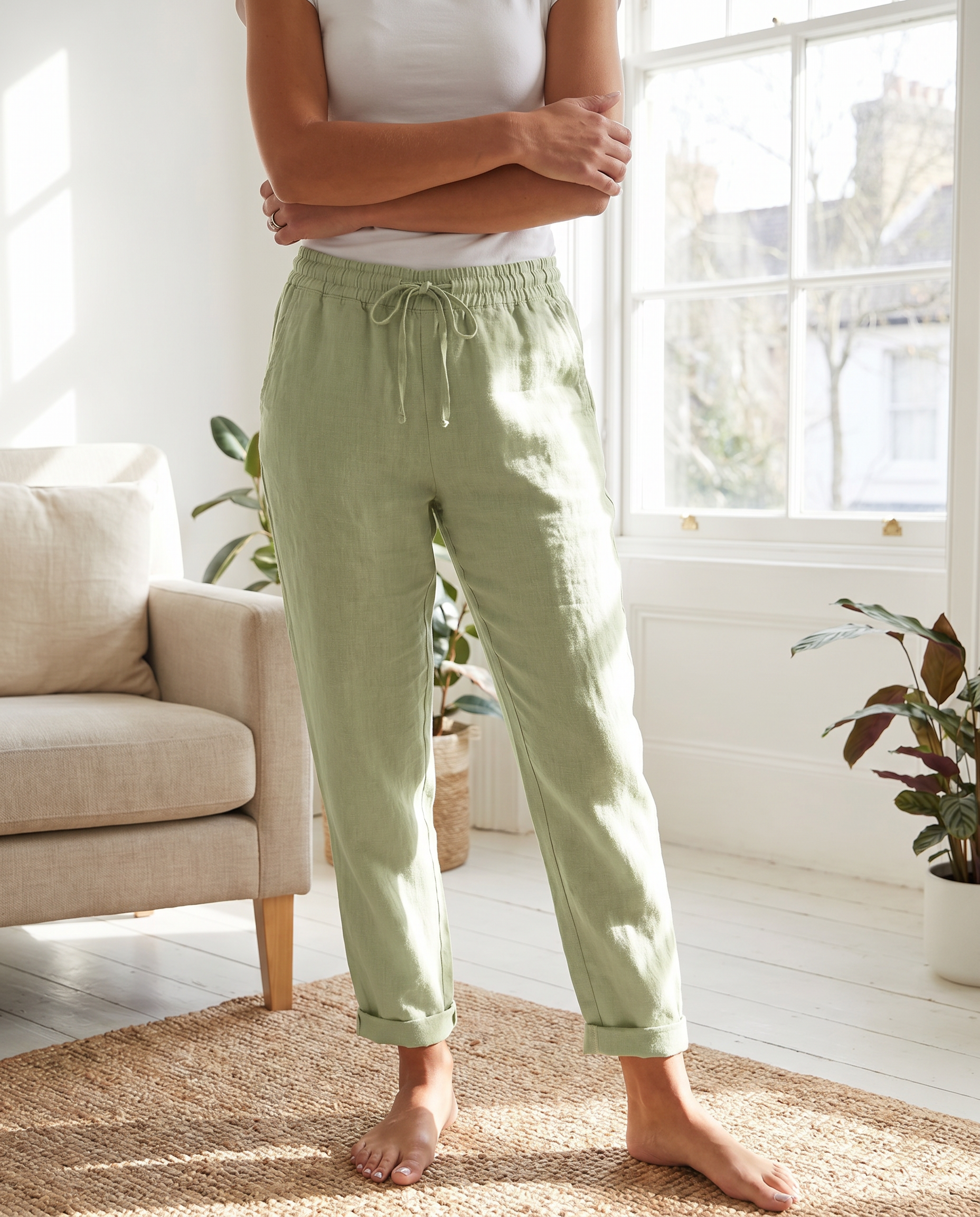 Linen Trousers Sage Green Women's Drawstring Tapered – Casual, Holiday · Werune