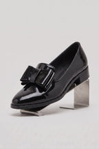 Loafers Black Patent Bow Detail Women's Low Block Heel – Office, Casual Wear, Gift