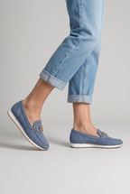 Loafers Blue Mesh Women's Slip-On Round Toe Gold Buckle Sneaker Sole – Casual, Office, Everyday