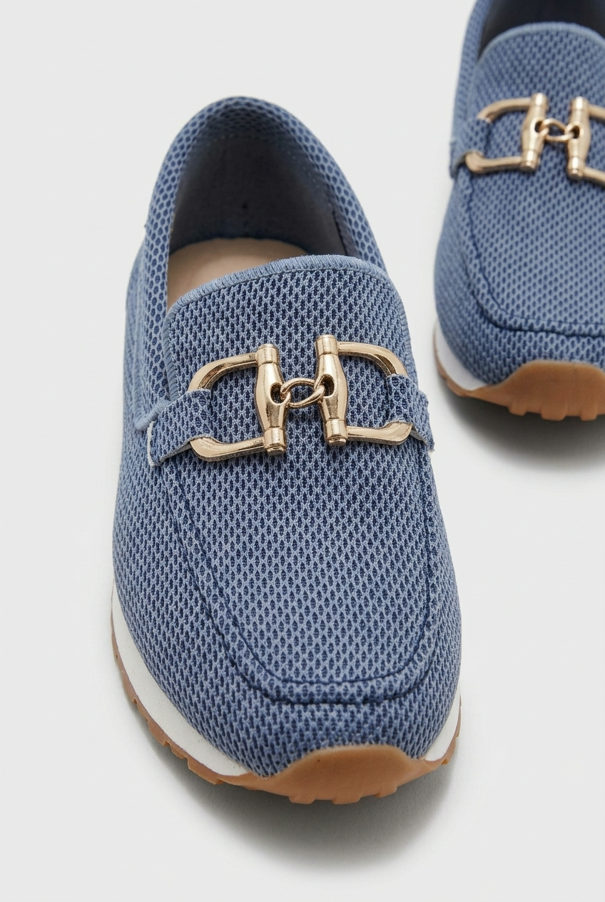 Loafers Blue Mesh Women's Slip-On Round Toe Gold Buckle Sneaker Sole – Casual, Office, Everyday