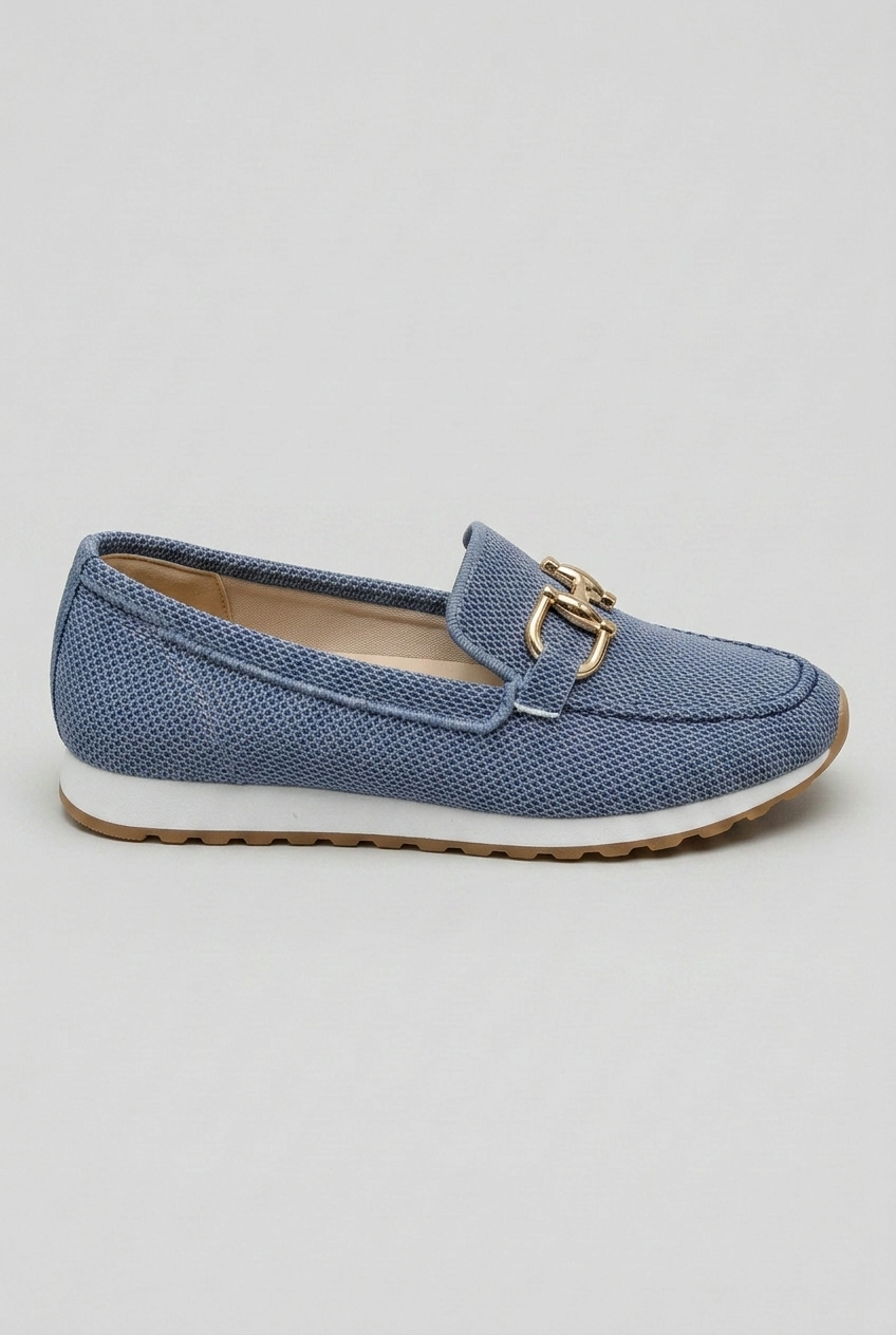 Loafers Blue Mesh Women's Slip-On Round Toe Gold Buckle Sneaker Sole – Casual, Office, Everyday