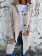 Long Knit Cardigan Beige Ribbed Women's Hooded Button-Up – Casual, Office, Holiday