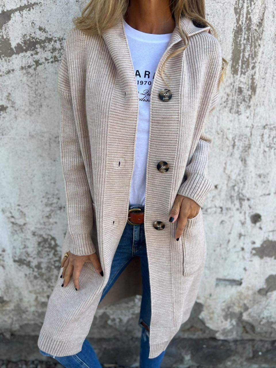 Long Knit Cardigan Beige Ribbed Women's Hooded Button-Up – Casual, Office, Holiday
