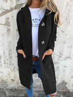 Long Knit Cardigan Beige Ribbed Women's Hooded Button-Up – Casual, Office, Holiday