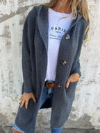 Long Knit Cardigan Beige Ribbed Women's Hooded Button-Up – Casual, Office, Holiday