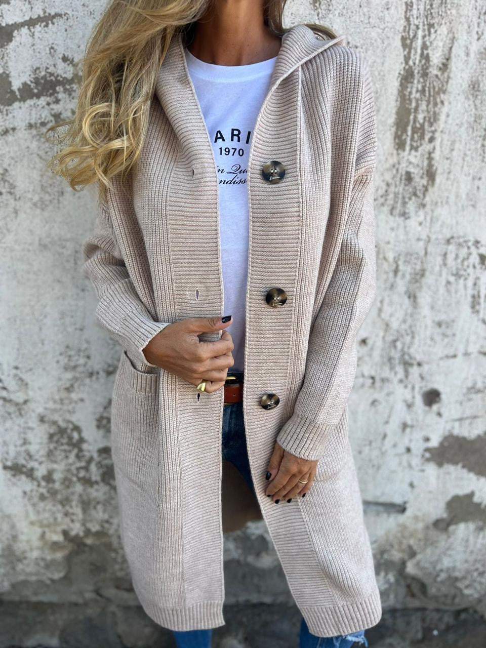 Long Knit Cardigan Beige Ribbed Women's Hooded Button-Up – Casual, Office, Holiday