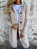 Long Knit Cardigan Beige Ribbed Women's Hooded Button-Up – Casual, Office, Holiday