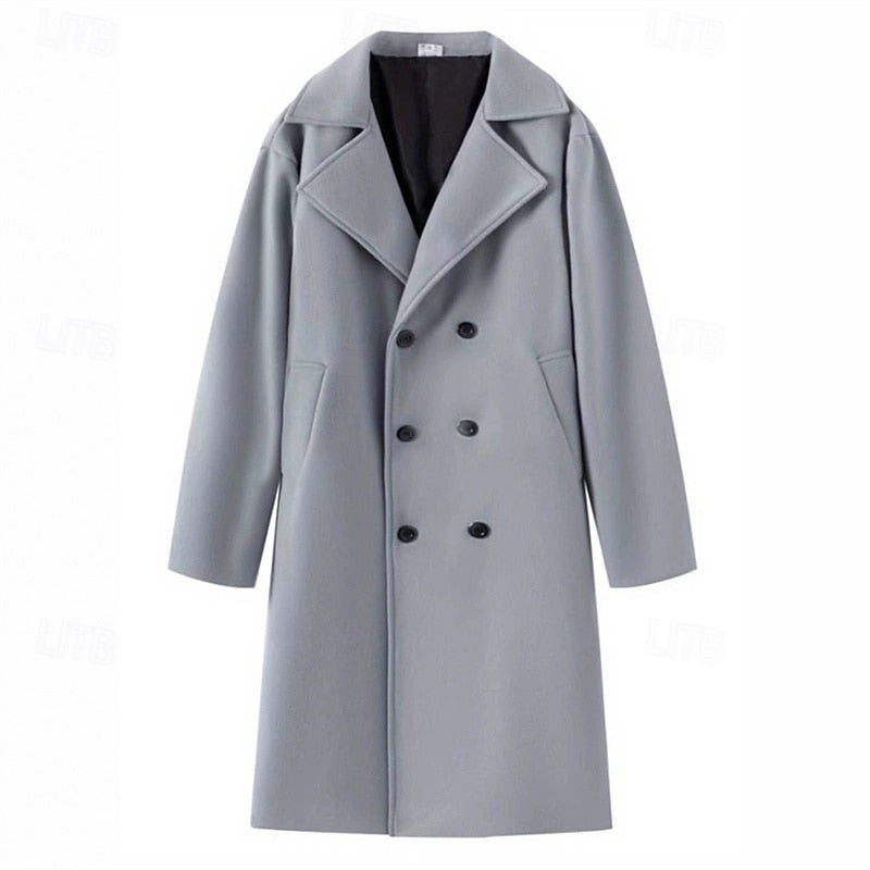 Long Overcoat Grey Double-Breasted Men's Wool Blend Trench Coat – Casual, Office, Winter, Gift