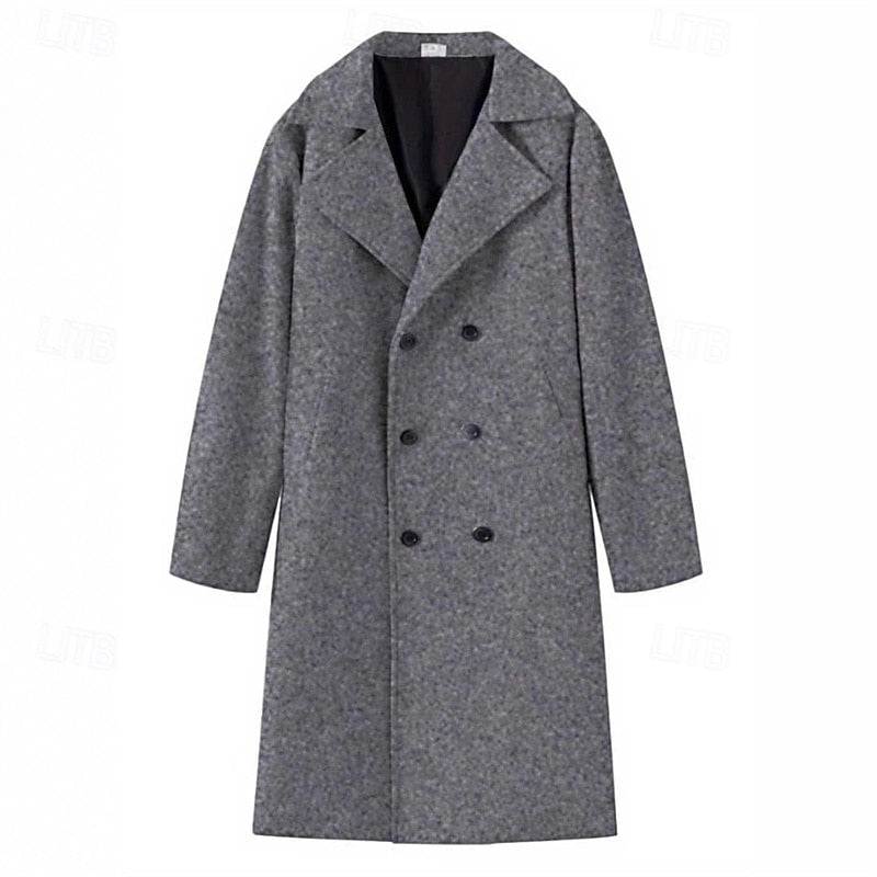 Long Overcoat Grey Double-Breasted Men's Wool Blend Trench Coat – Casual, Office, Winter, Gift