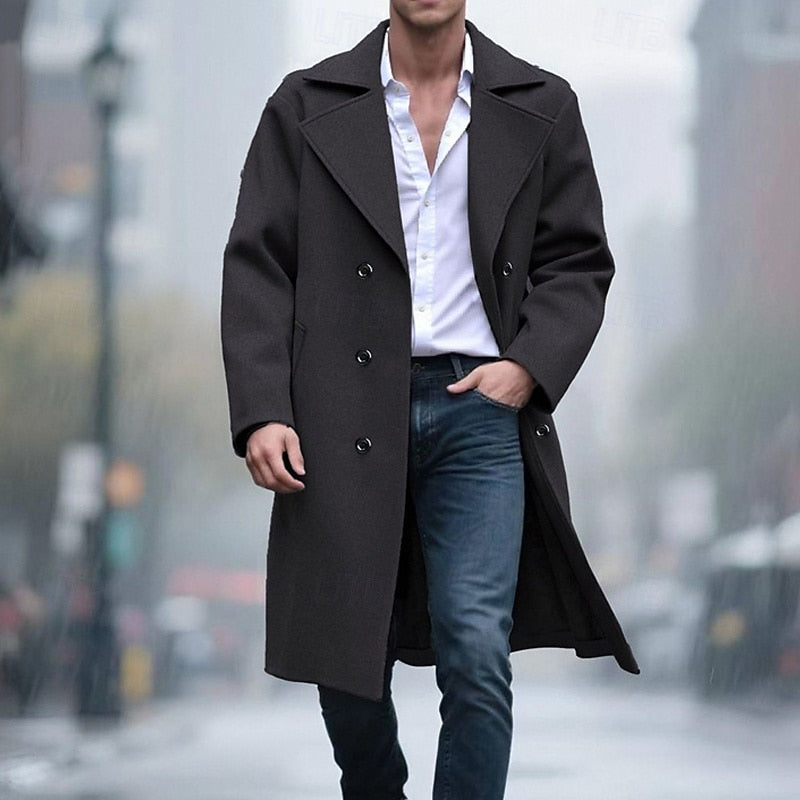 Long Overcoat Grey Double-Breasted Men's Wool Blend Trench Coat – Casual, Office, Winter, Gift