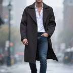 Long Overcoat Grey Double-Breasted Men's Wool Blend Trench Coat – Casual, Office, Winter, Gift