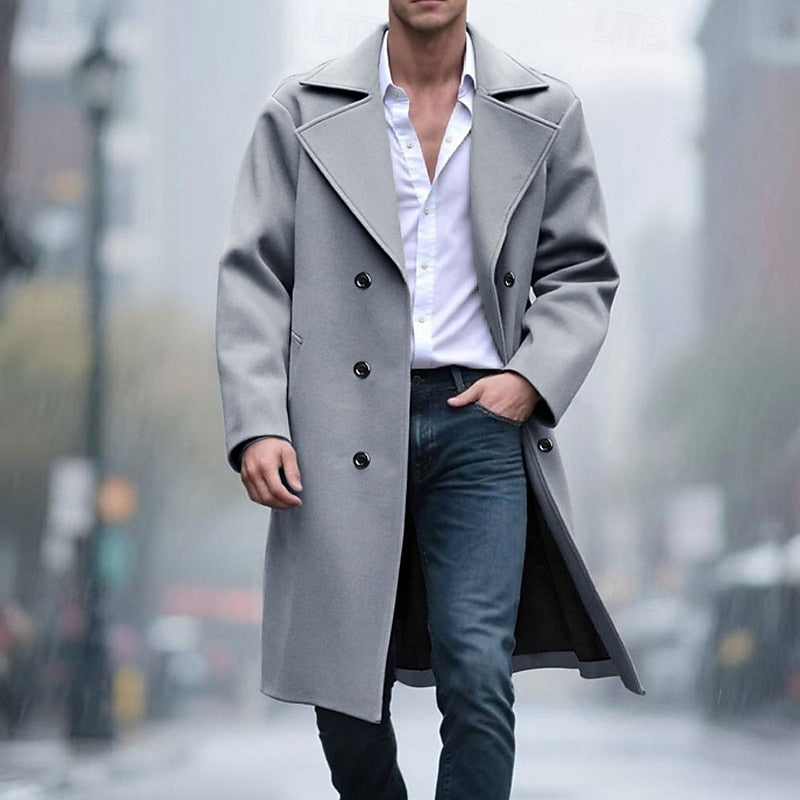 Long Overcoat Grey Double-Breasted Men's Wool Blend Trench Coat – Casual, Office, Winter, Gift