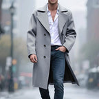 Long Overcoat Grey Double-Breasted Men's Wool Blend Trench Coat – Casual, Office, Winter, Gift
