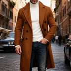 Long Overcoat Men's Double-Breasted Camel Brown Lapel Trench Coat – Casual, Office, Winter, Gift