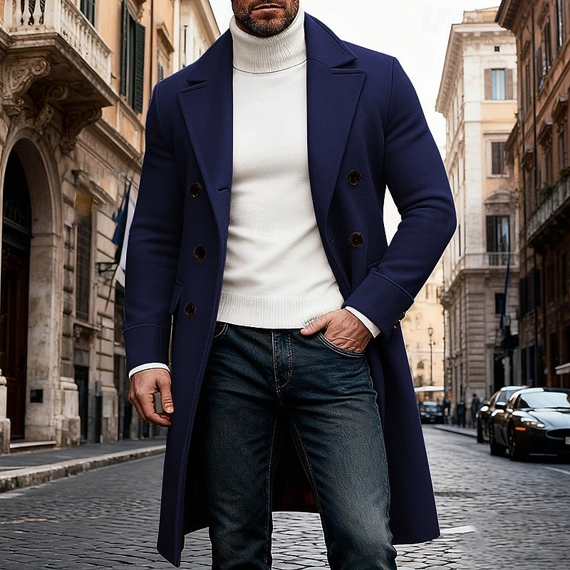 Long Overcoat Men's Double-Breasted Camel Brown Lapel Trench Coat – Casual, Office, Winter, Gift