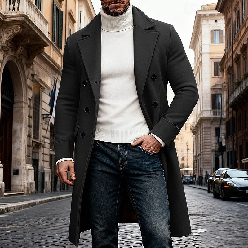 Long Overcoat Men's Double-Breasted Camel Brown Lapel Trench Coat – Casual, Office, Winter, Gift