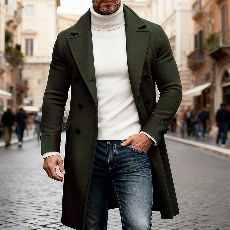 Long Overcoat Men's Double-Breasted Camel Brown Lapel Trench Coat – Casual, Office, Winter, Gift