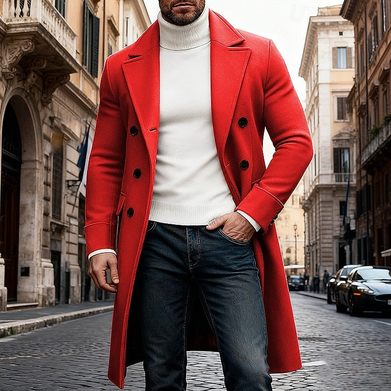 Long Overcoat Men's Double-Breasted Camel Brown Lapel Trench Coat – Casual, Office, Winter, Gift